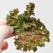 A hand is holding up a kale chip.