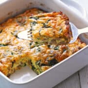 Keto breakfast casserole in a white baking dish.