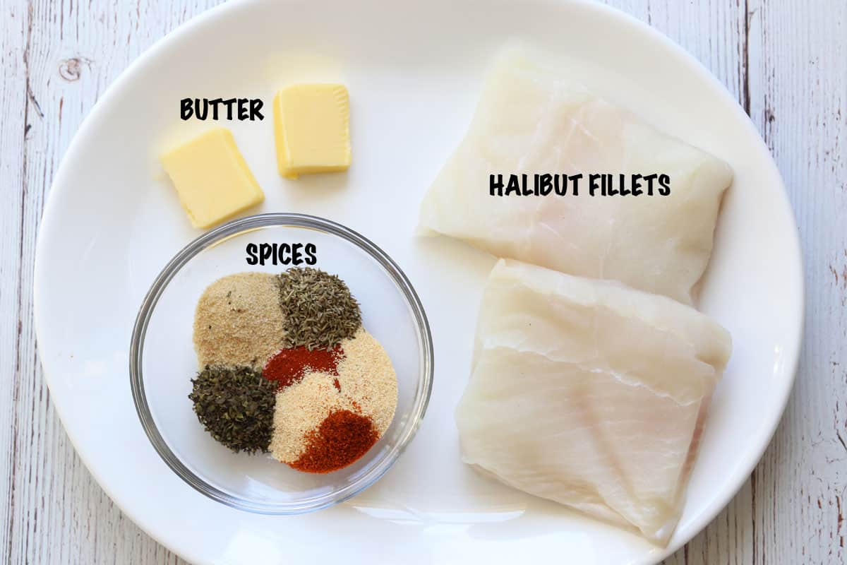 The ingredients needed to make blackened halibut.