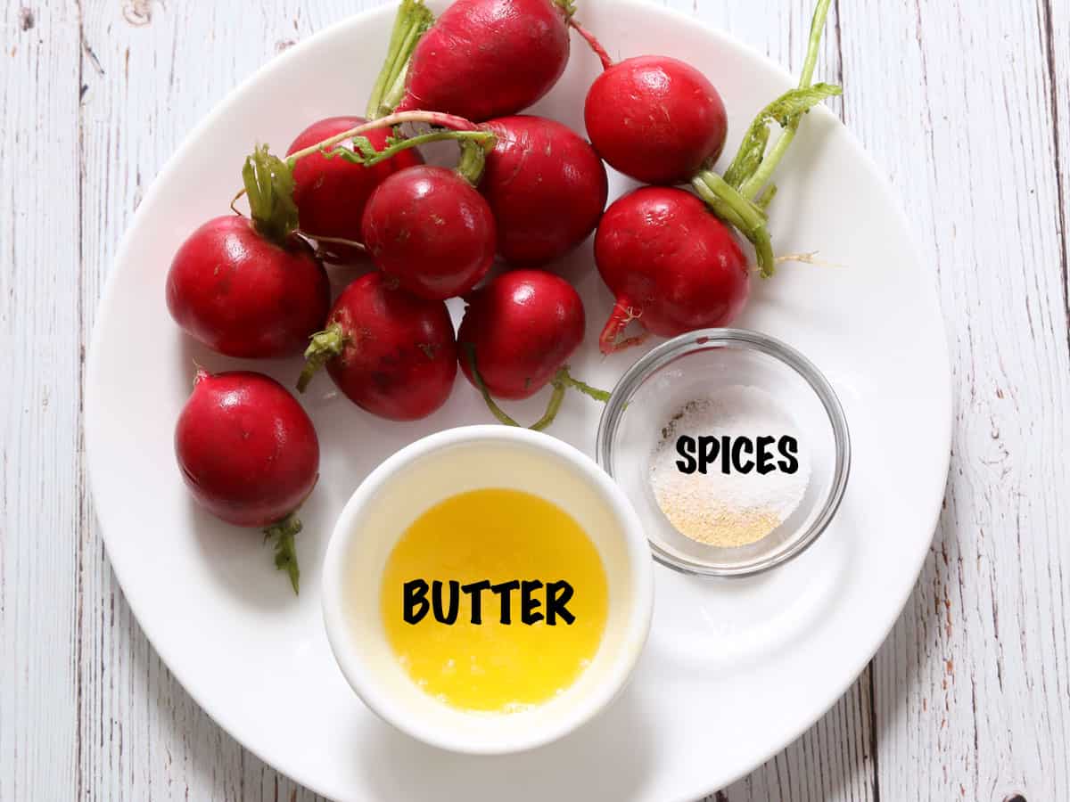 The ingredients needed for roasting radishes.