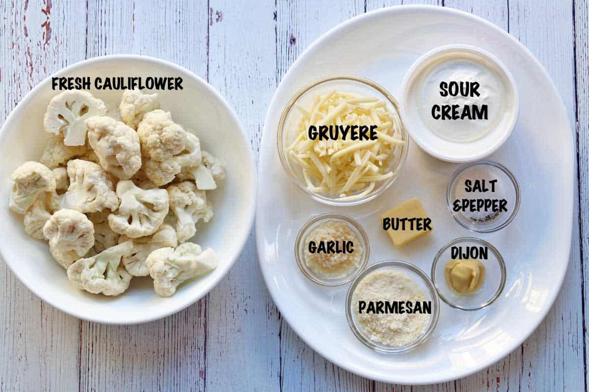 The ingredients needed to make a cauliflower gratin.