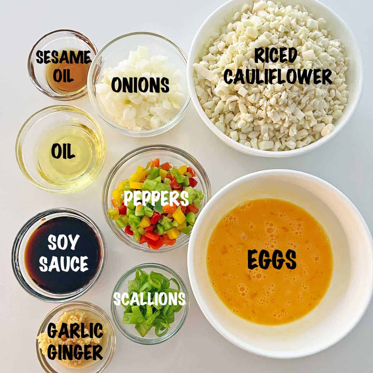 The ingredients needed to make cauliflower fried rice.