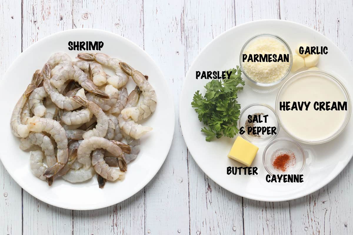 The ingredients needed to make shrimp in cream sauce.