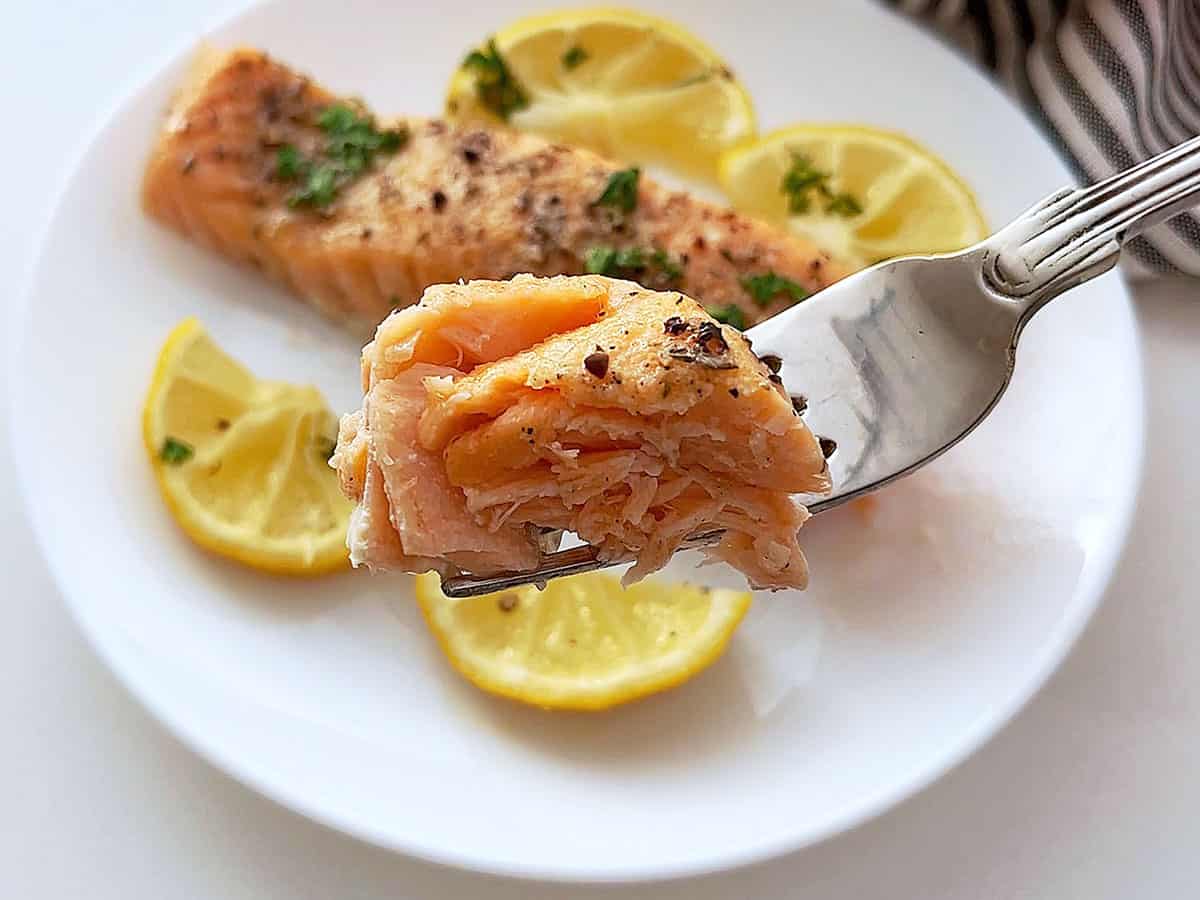 A fully cooked salmon with opaque flesh.
