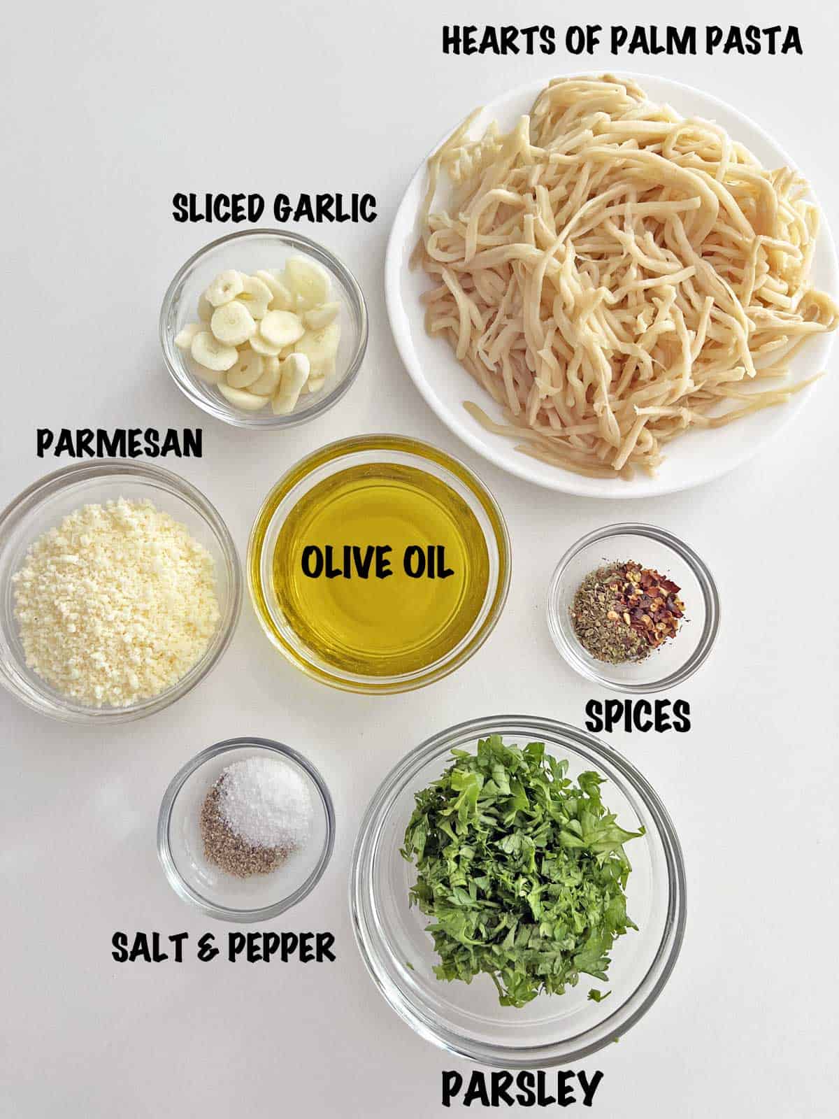The ingredients needed to make hearts of palm pasta.