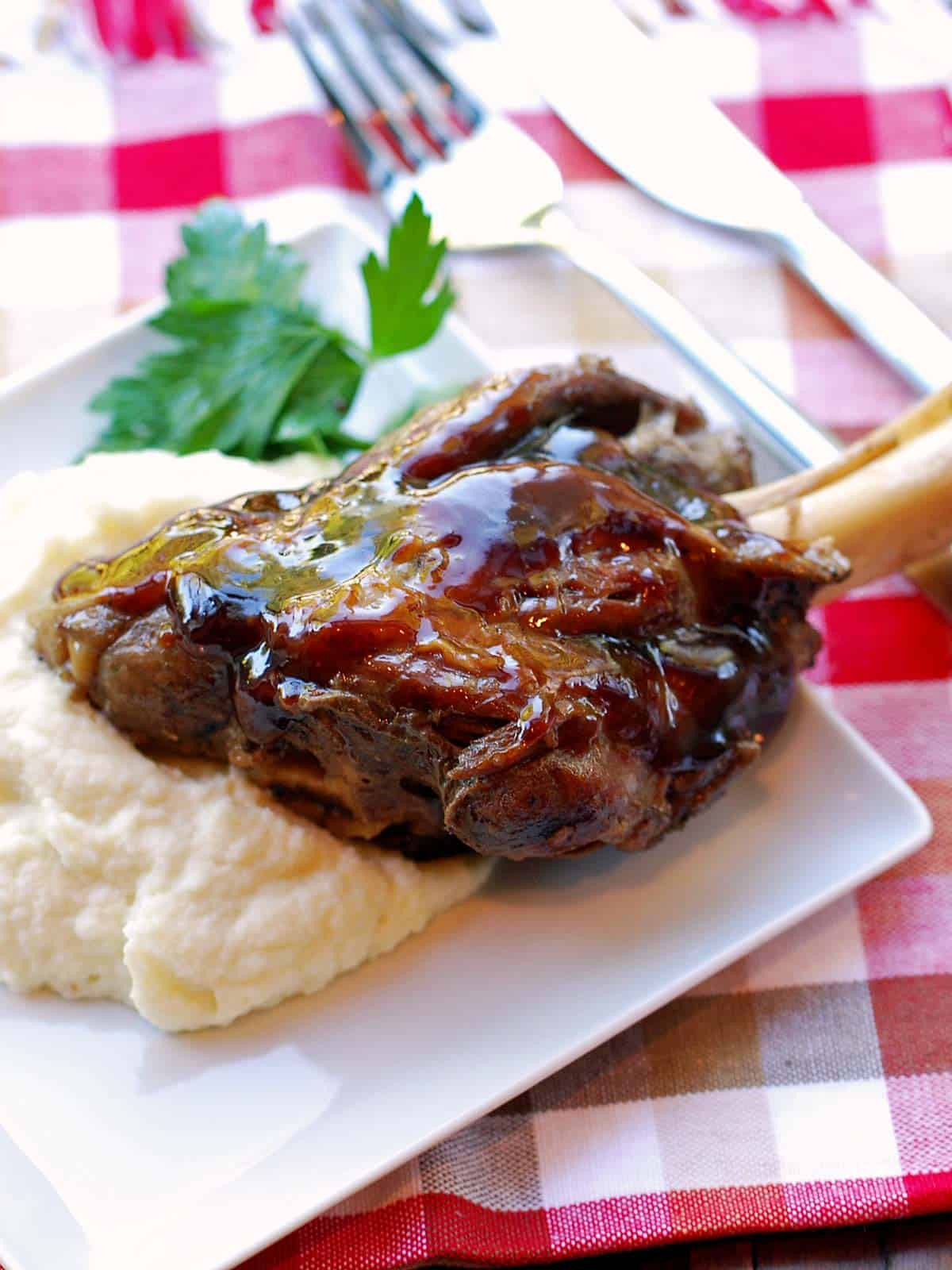 A lamb shank is served on a bed of mashed cauliflower. 