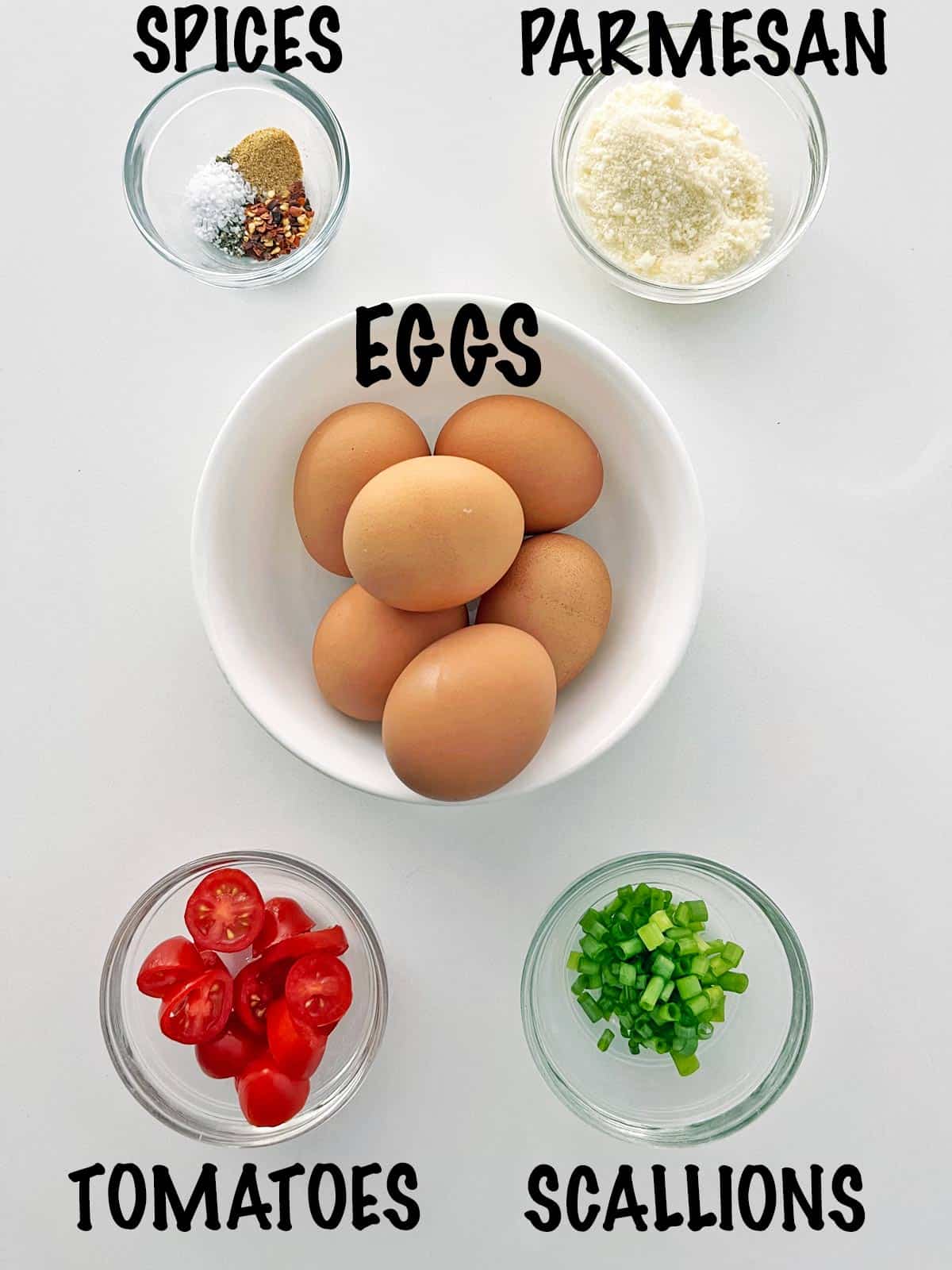 The ingredients needed to make egg muffins.