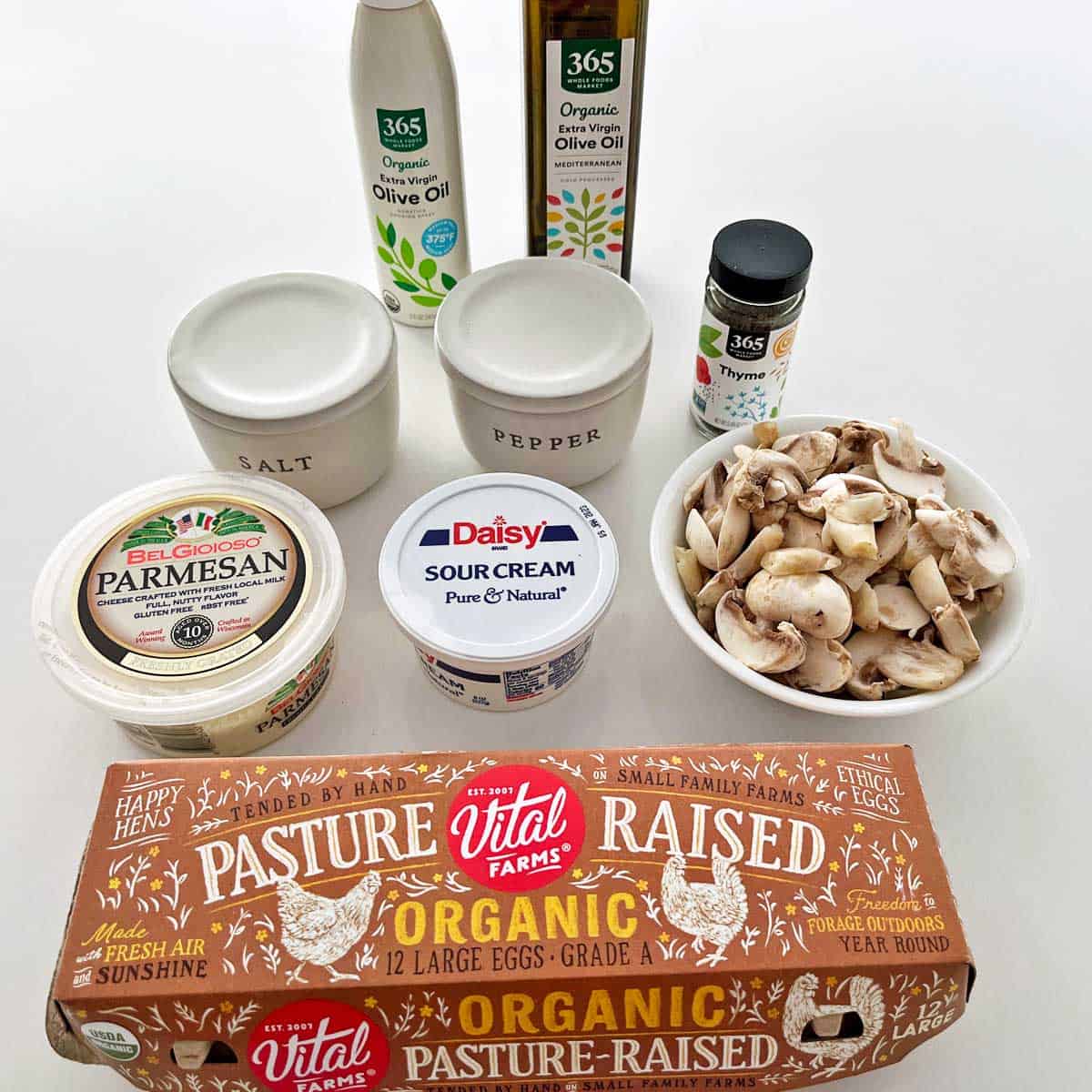 The ingredients needed to make a mushroom frittata.