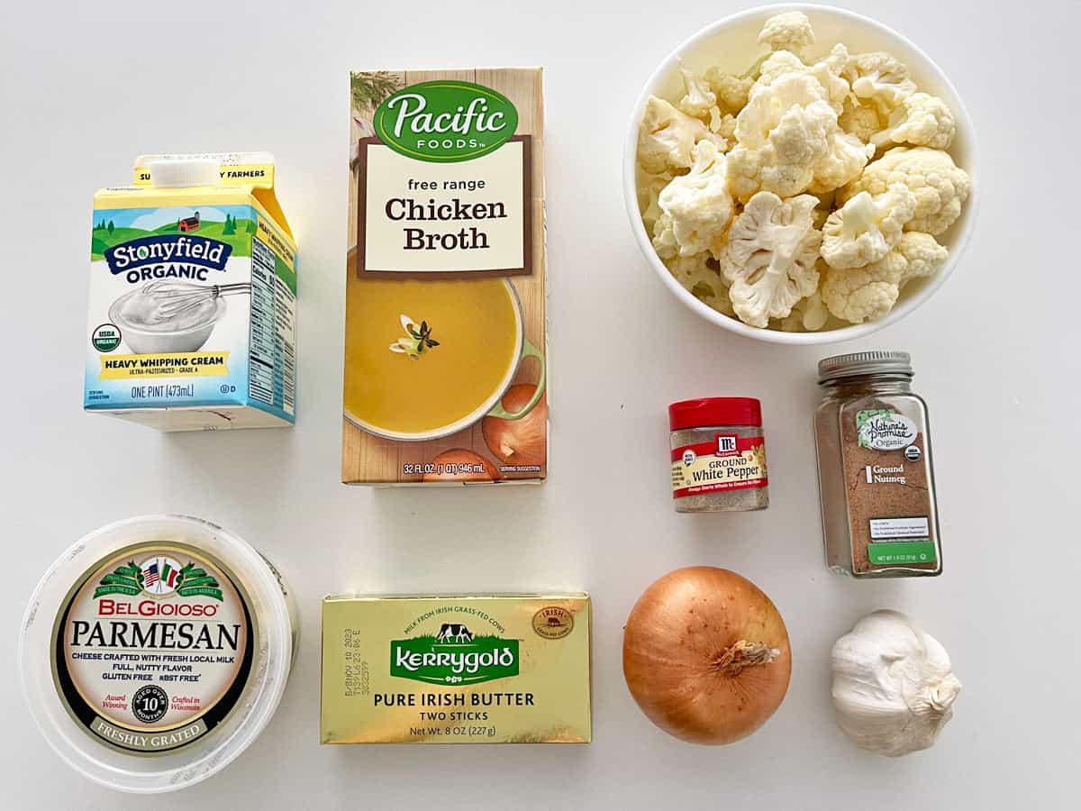 The ingredients needed to make cauliflower soup.
