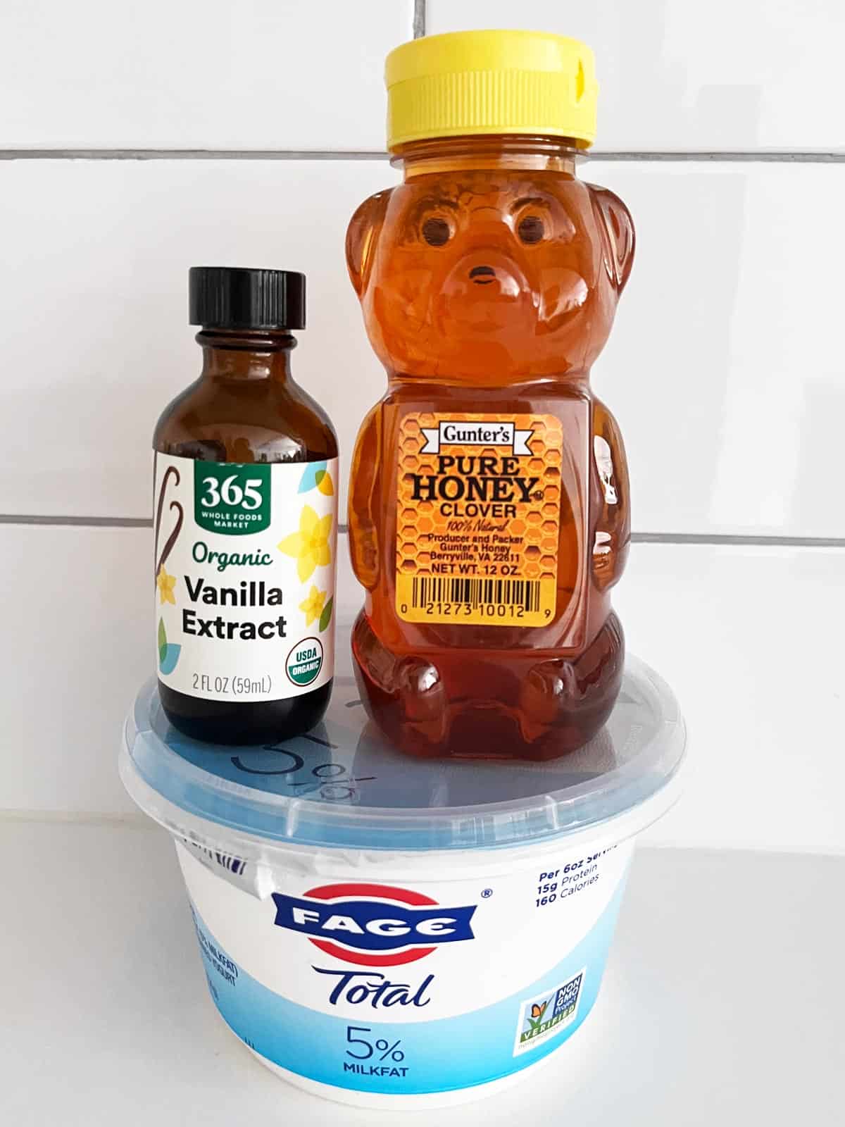 The ingredients needed to make homemade frozen yogurt. 