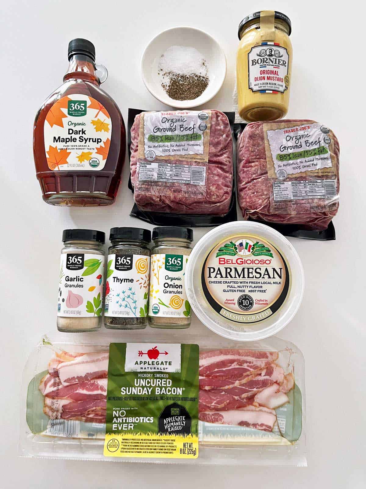 A display of the ingredients needed to make bacon wrapped meatloaf.