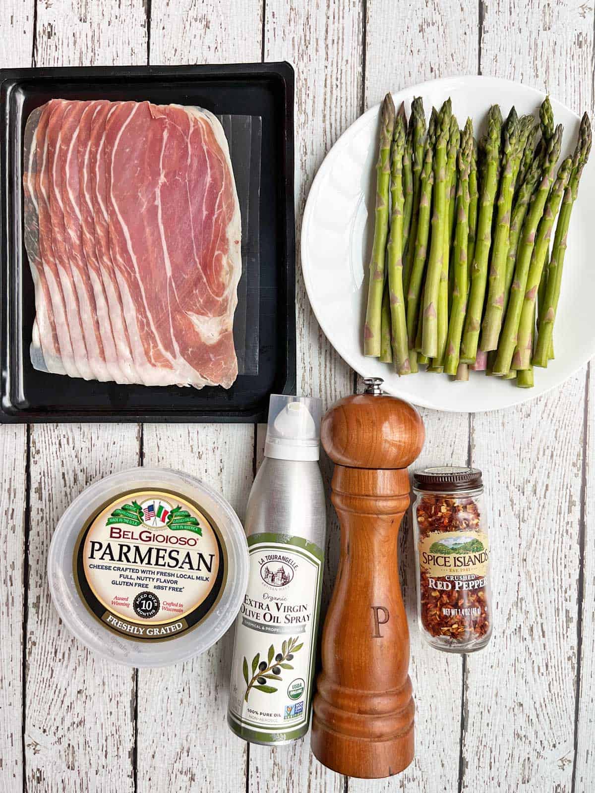 The ingredients needed to make  prosciutto wrapped asparagus. 
