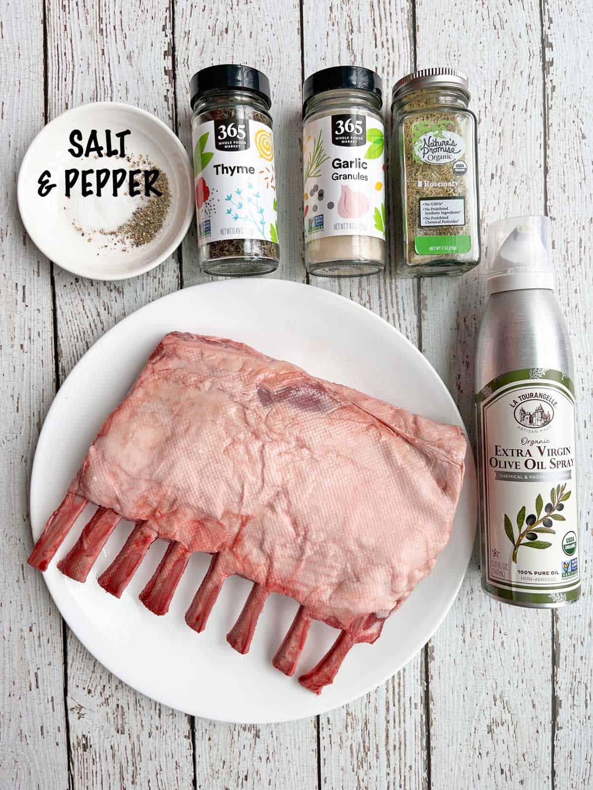 The ingredients needed for roasting a rack of lamb.