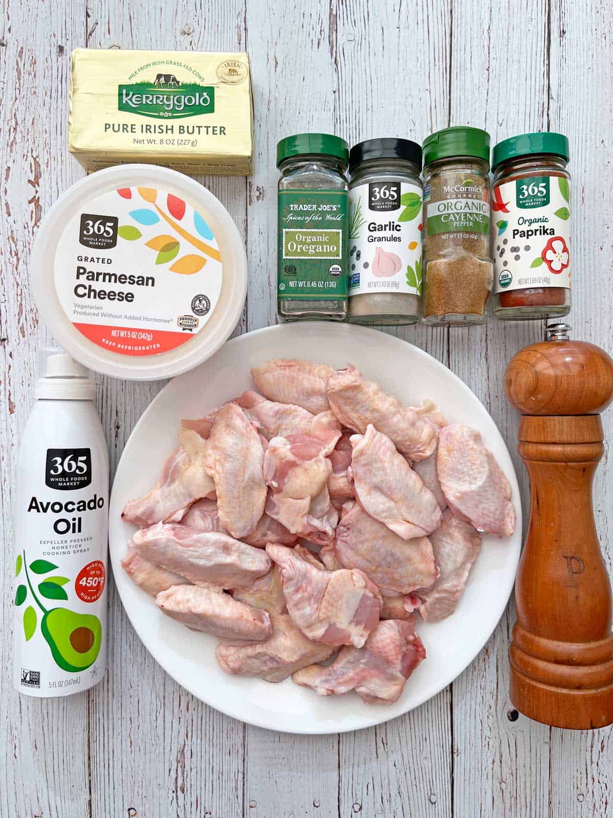 The ingredients needed to make garlic parmesan wings.