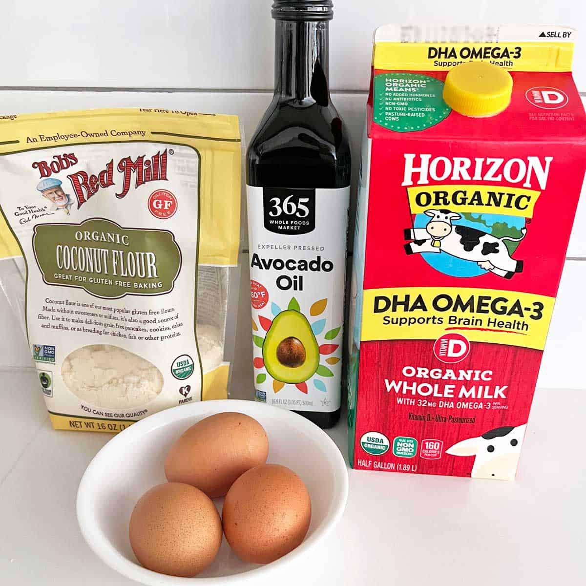 The ingredients needed to make keto crepes.