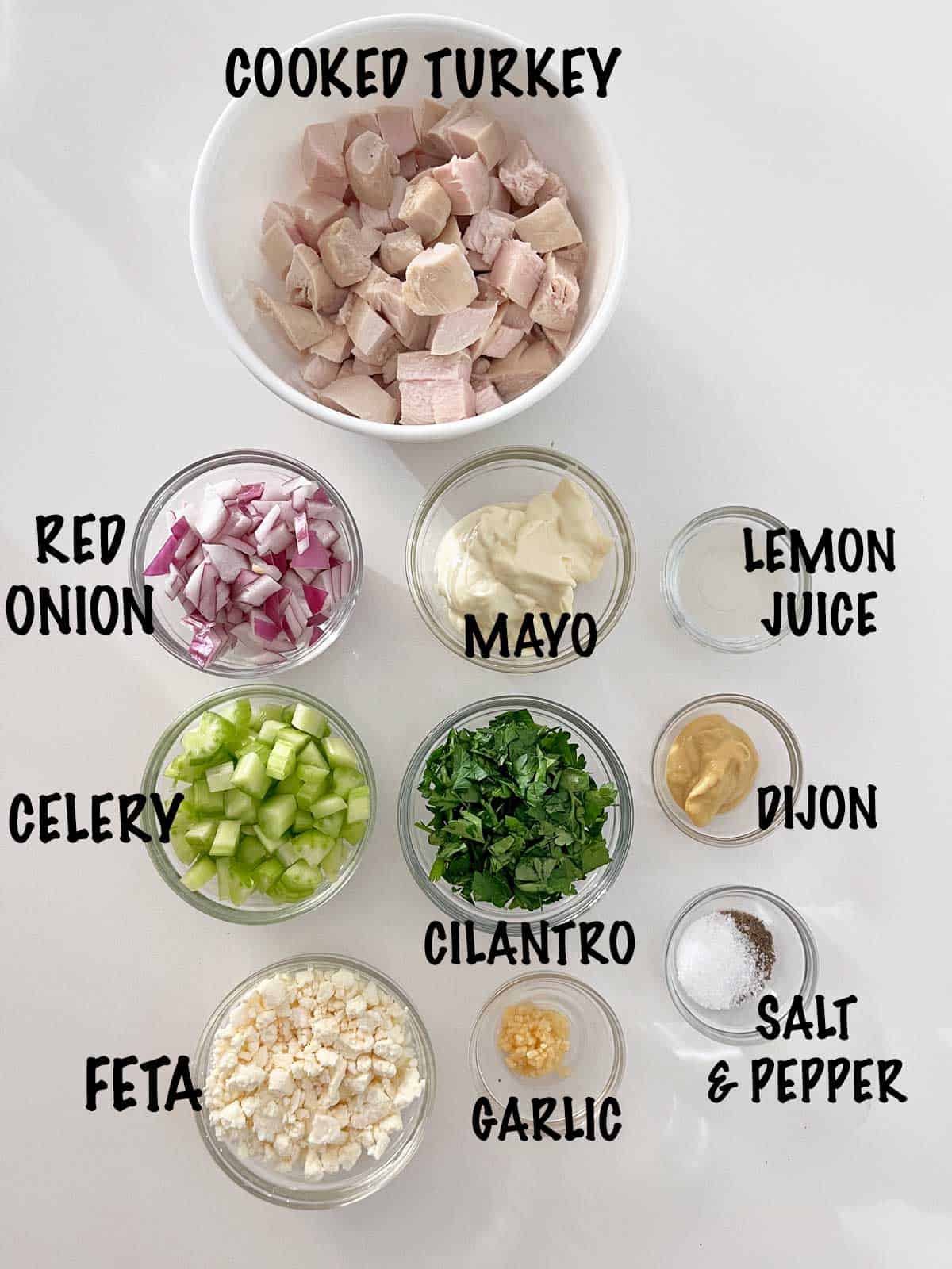 The ingredients needed to make a turkey salad.