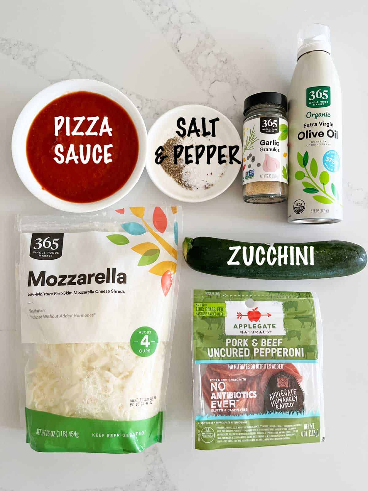 The ingredients needed to make zucchini pizza bites.