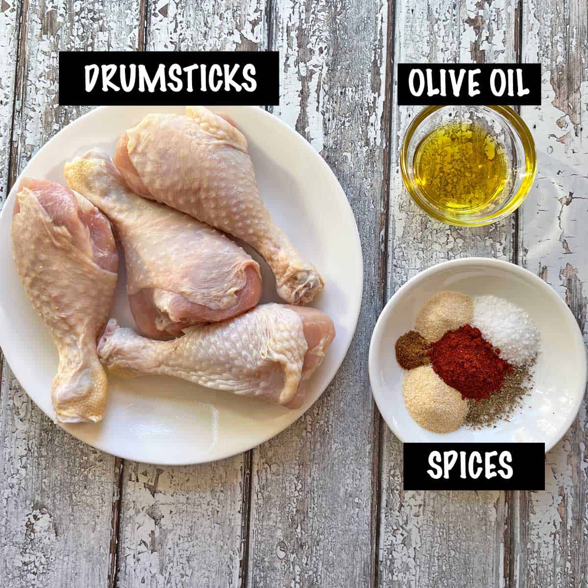 The ingredients needed to bake chicken drumsticks.