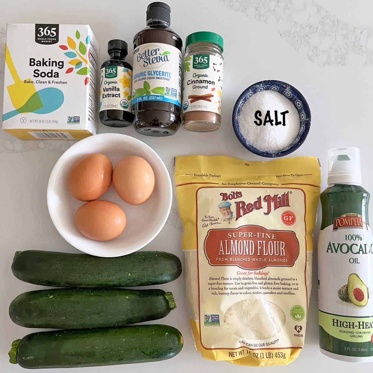 The ingredients needed to make a keto zucchini bread.