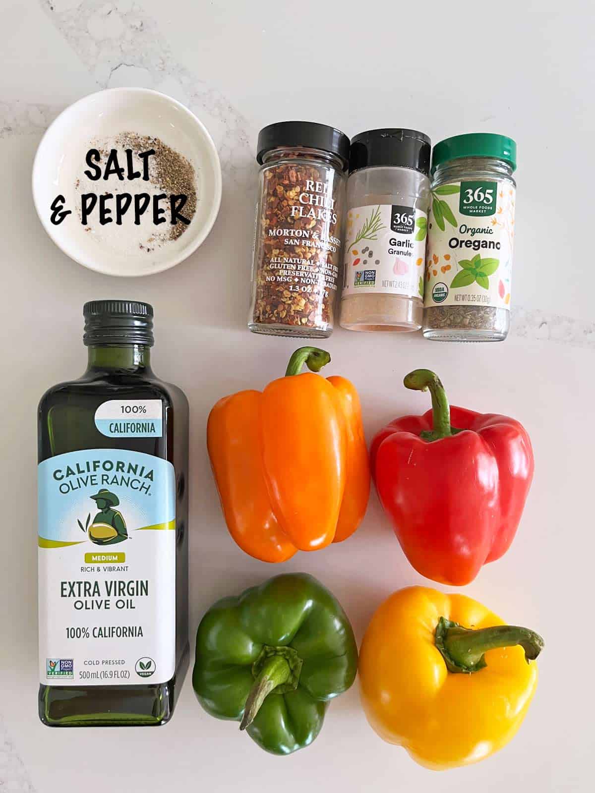 The ingredients needed to make roasted peppers.