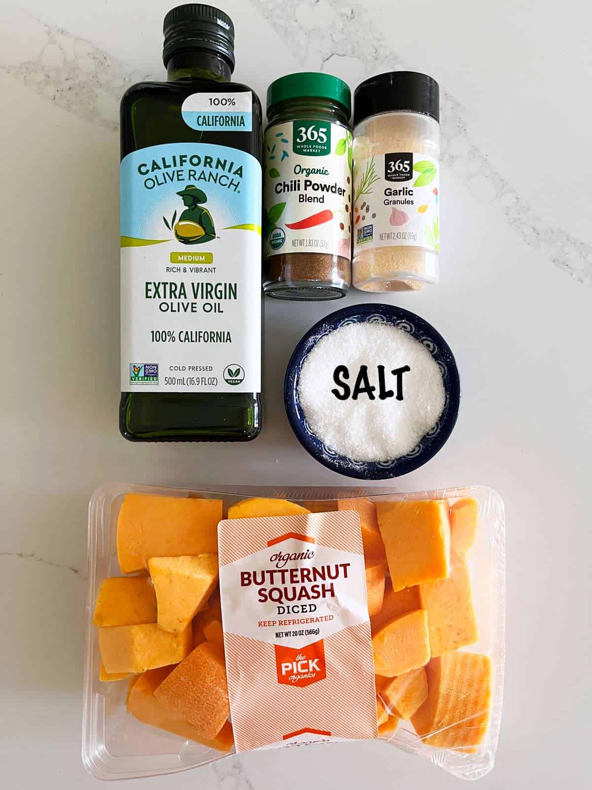 The ingredients needed to roast butternut squash.
