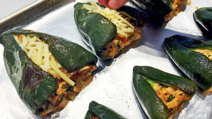 Sprinkling the poblano peppers with cheese.
