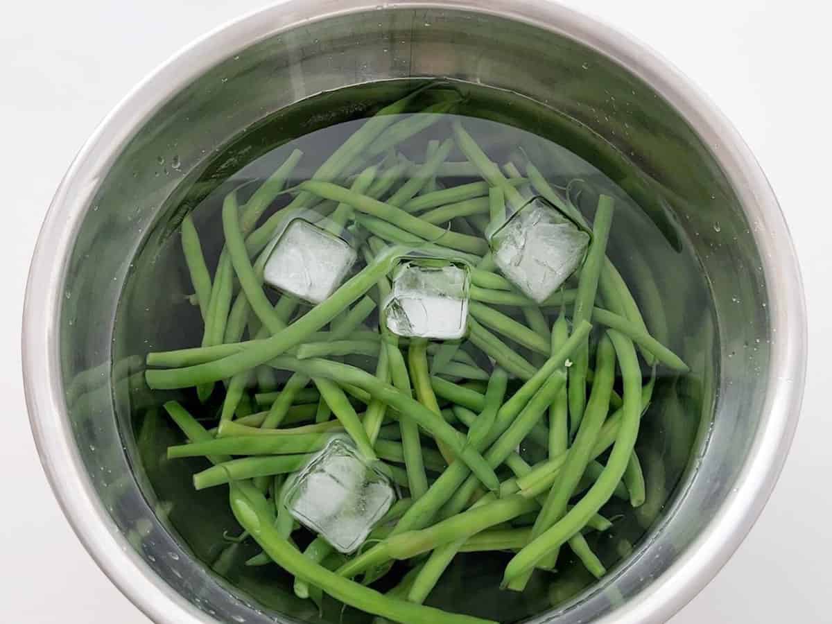 Blanching the green beans.
