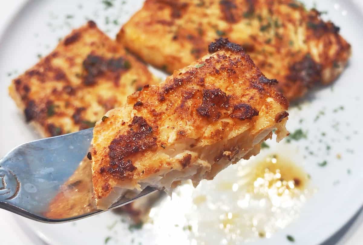 A fork with a piece of grilled halibut.
