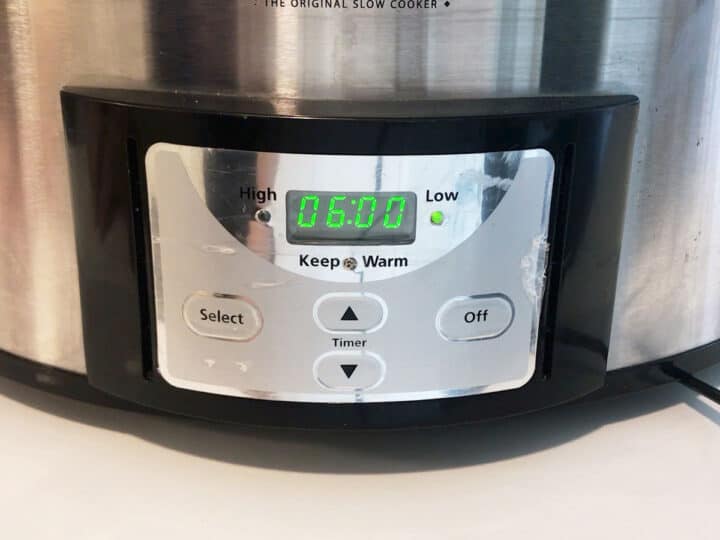 The slow cooker is set for six hours on low.