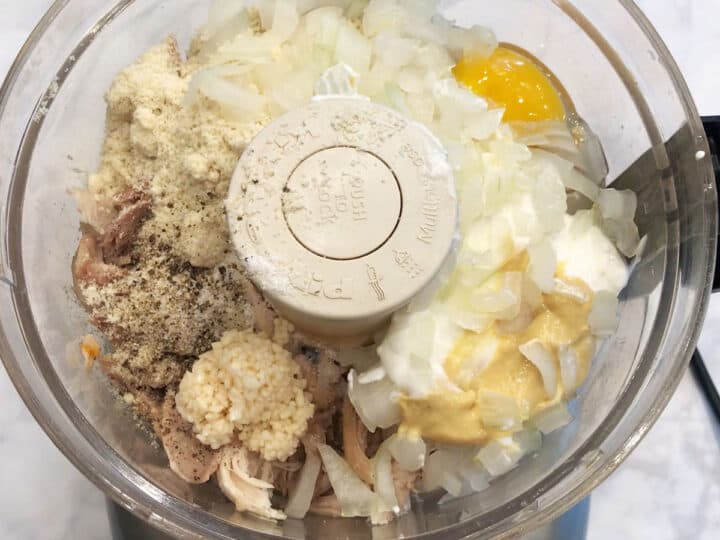 Leftover turkey patties ingredients in the food processor.