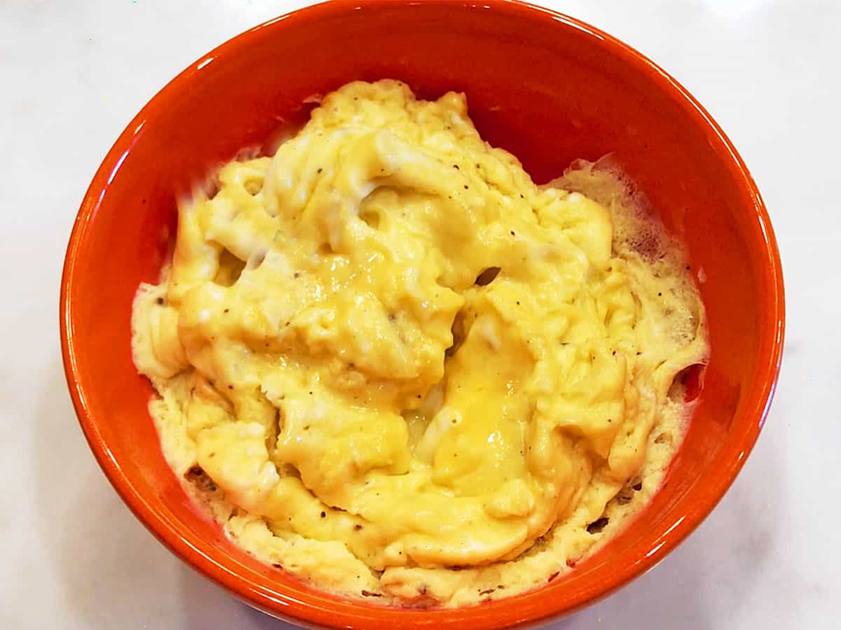 Microwave scrambled eggs are ready.