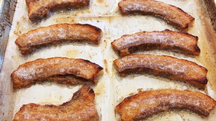Pork belly slices are ready in the pan.
