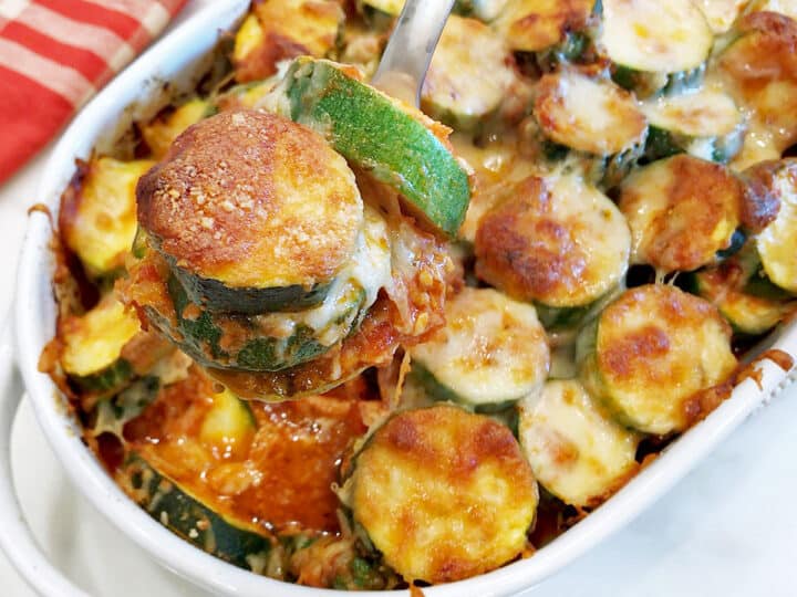 Zucchini casserole is served.