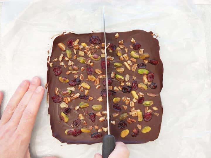 Cutting chocolate bark.
