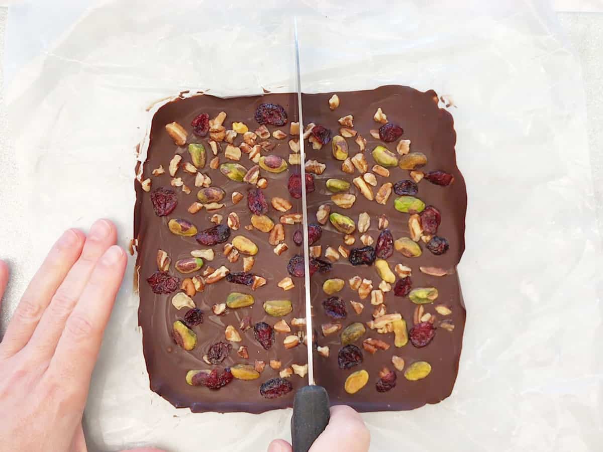 Cutting chocolate bark.