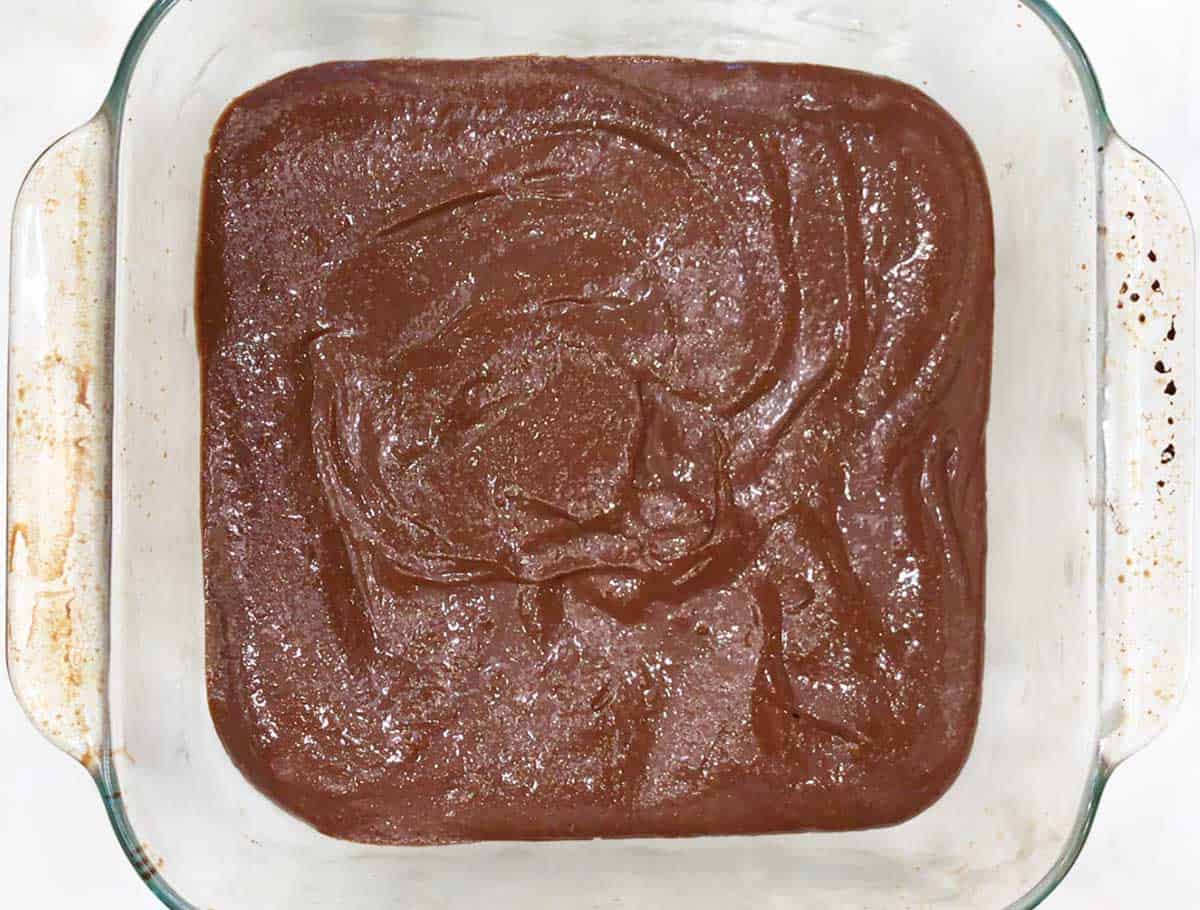 The batter is in the pan, ready for baking.