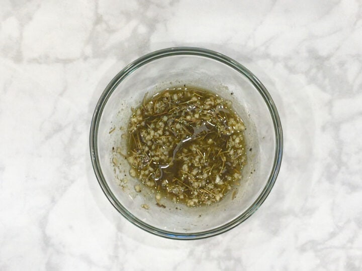 The marinade for a roasted leg of lamb.