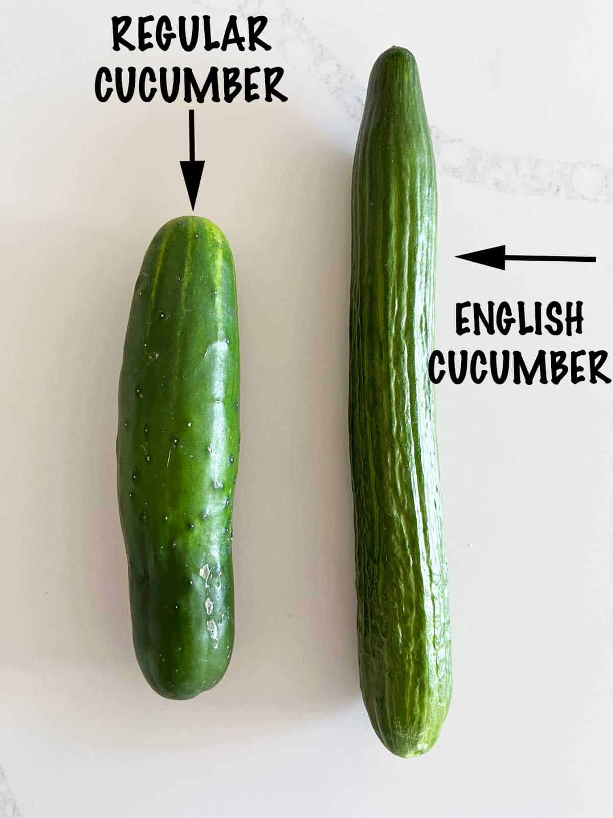 A regular cucumber next to an English cucumber.