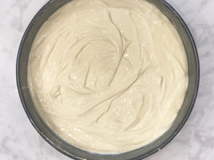 The batter is in the pan, ready to be baked.