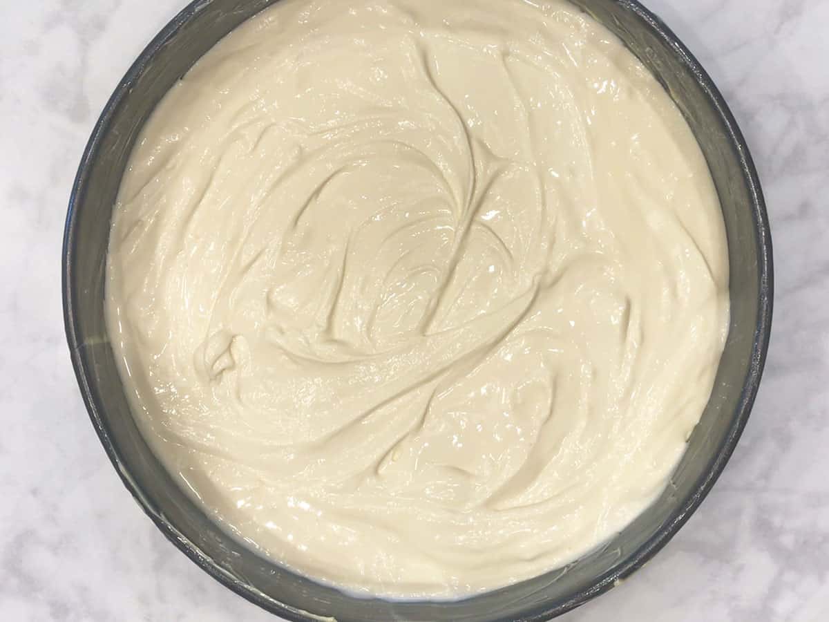 The batter is in the pan, ready to be baked.