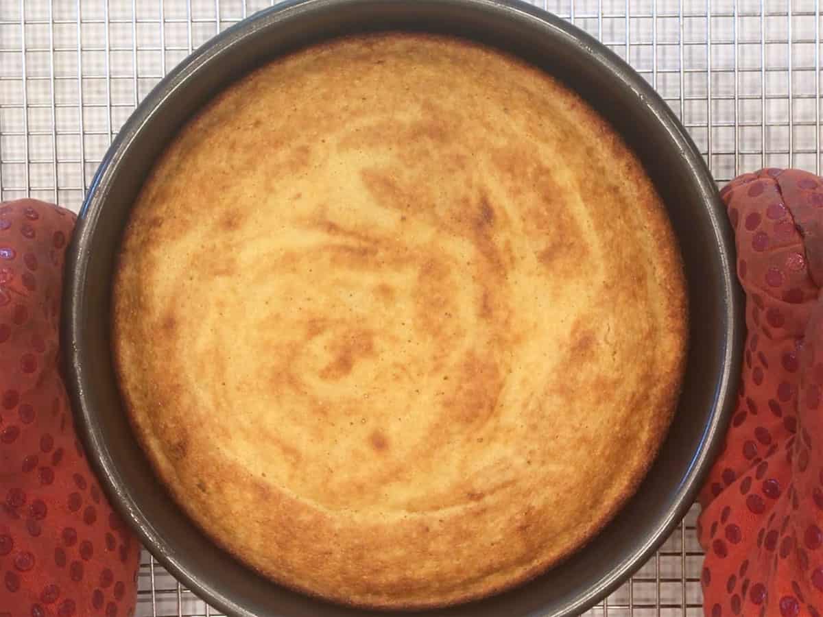 The cake is ready in the pan.