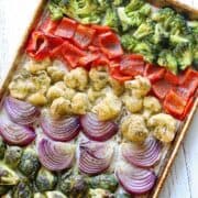 Oven roasted vegetables on a baking dish.