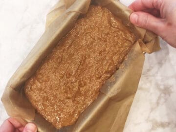 The batter is in the prepared loaf pan.