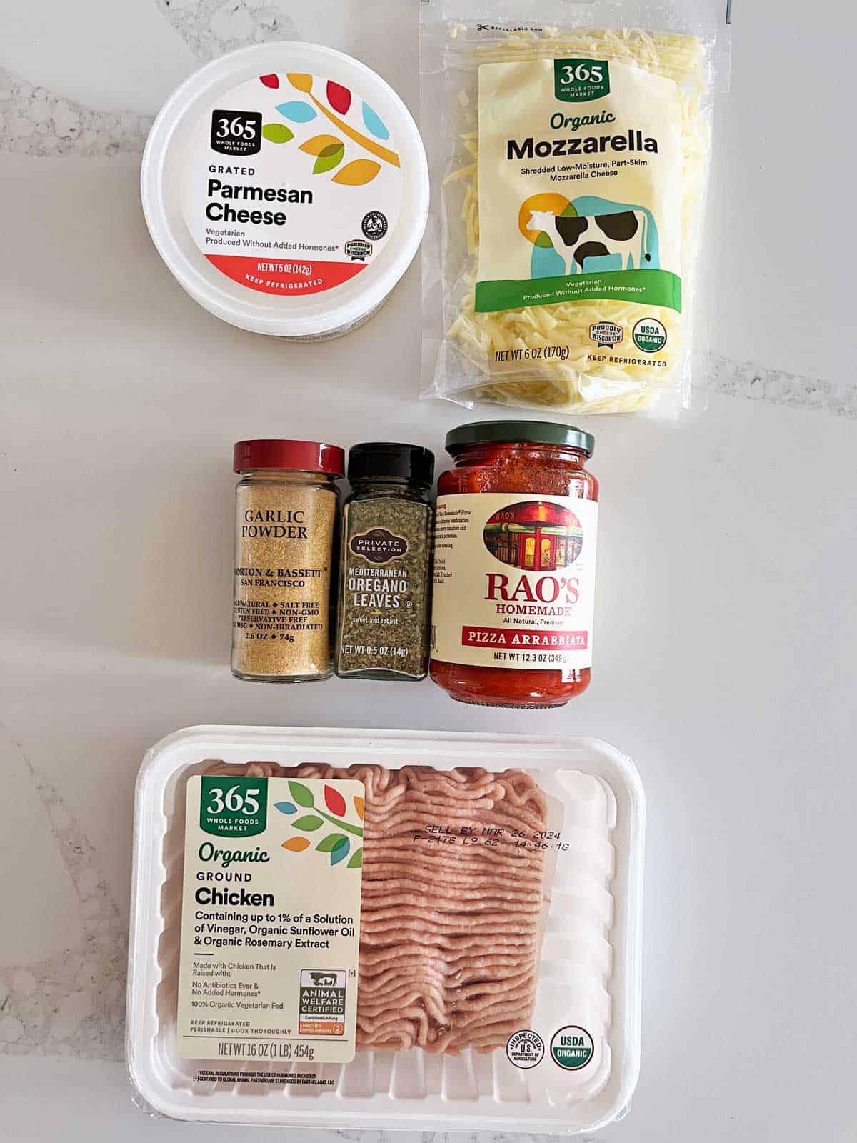 The ingredients needed to make a chicken crust pizza.