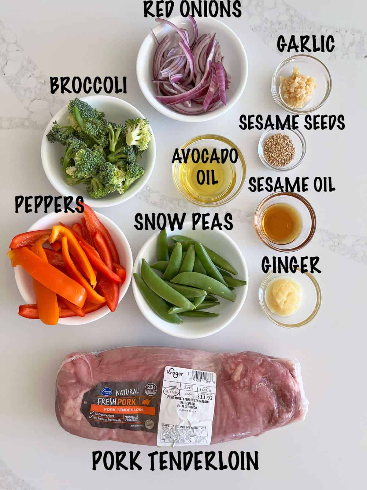 The ingredients needed to make a pork stir fry.