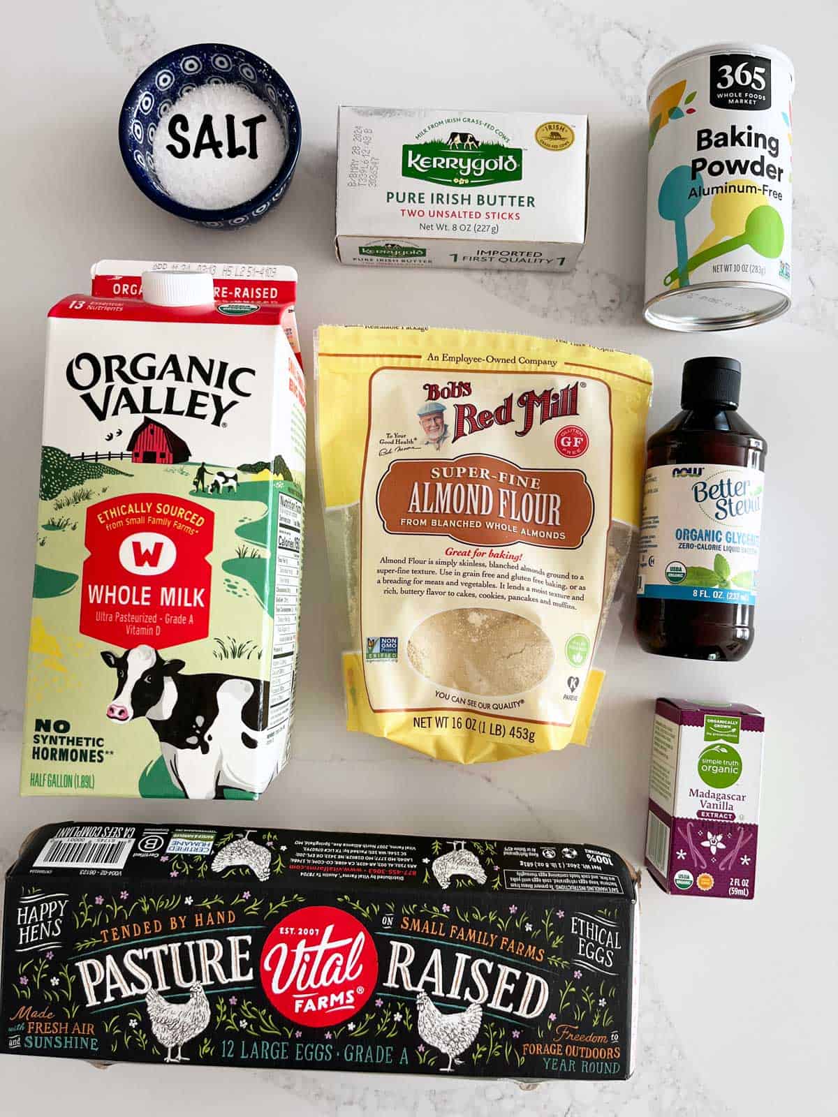 The ingredients needed to make a keto birthday cake.