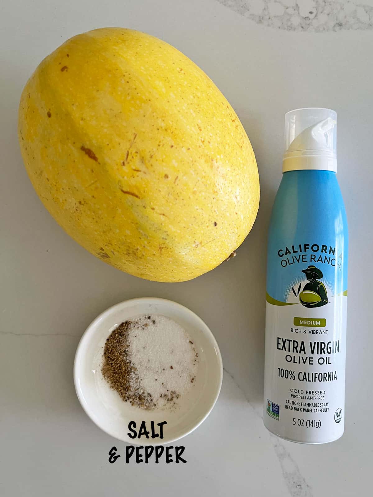 The ingredients needed to bake spaghetti squash.