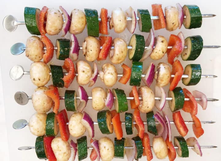 The veggies were threaded on skewers.