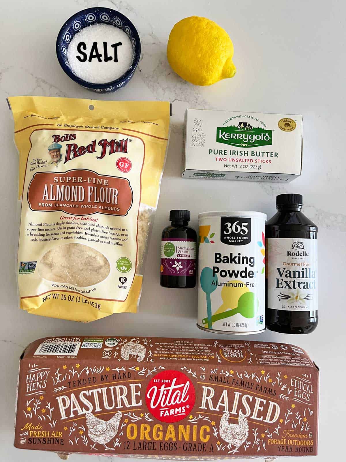 The ingredients needed to make a keto pound cake.