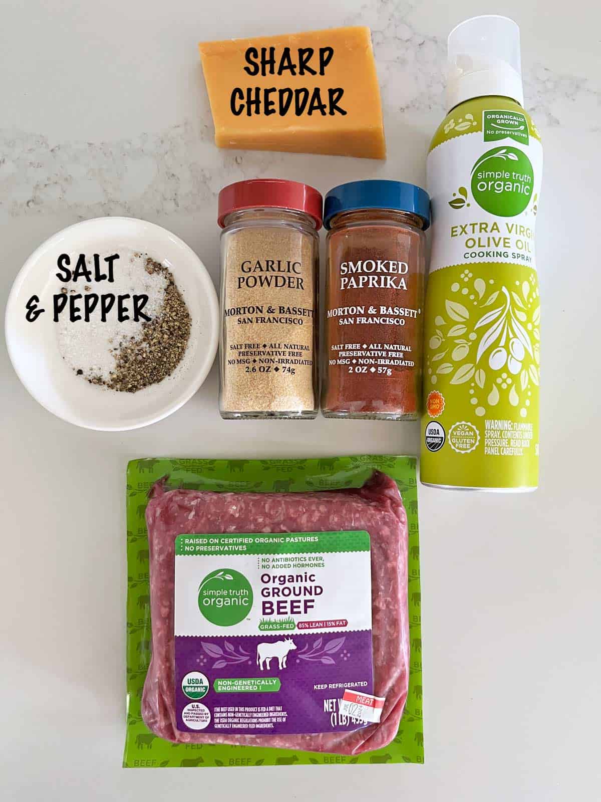 The ingredients needed to make cheese stuffed meatballs.